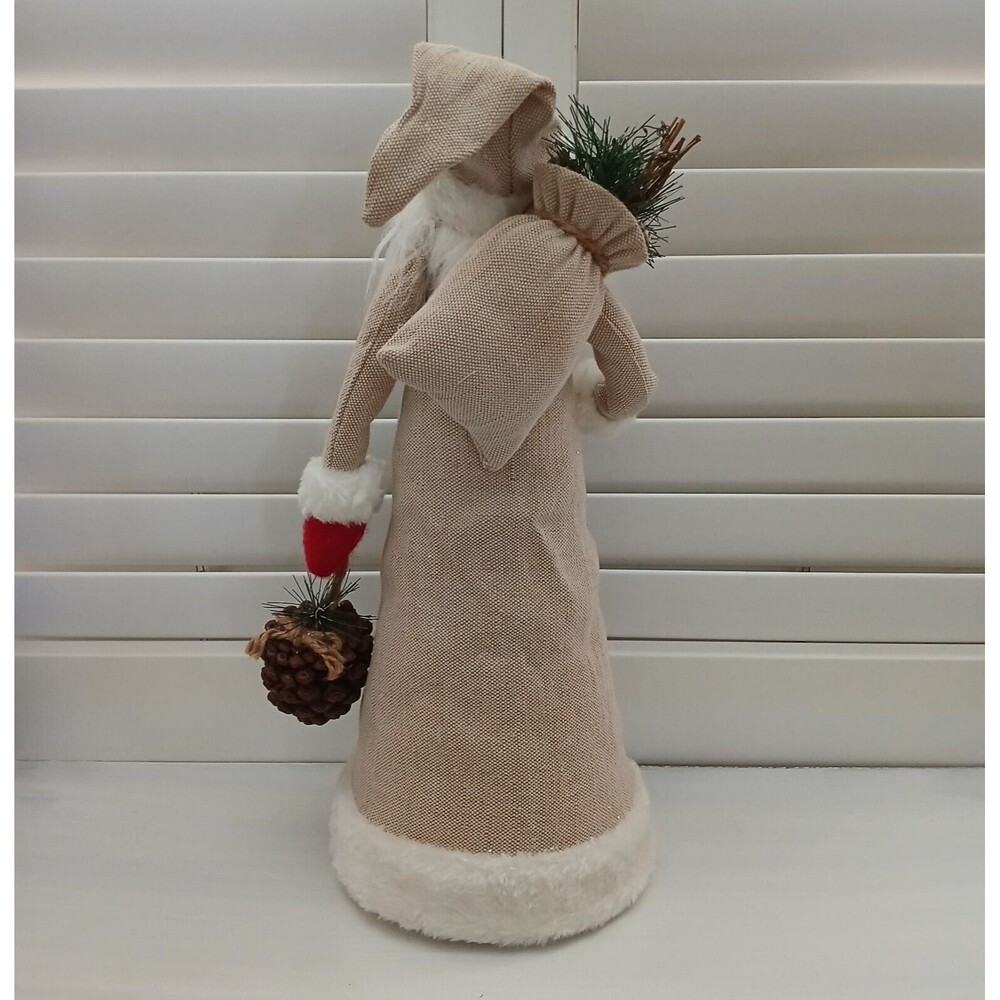 Christmas Santa Figurine Large 18" Tall Fabric Decor Holding Pinecone & Bag - Picture 9 of 13